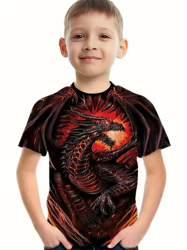 Gyerekeknek Dragon sorozat 3D nyomtatású póló – rövid ujjú, nyár, poliészter, légáteresztő