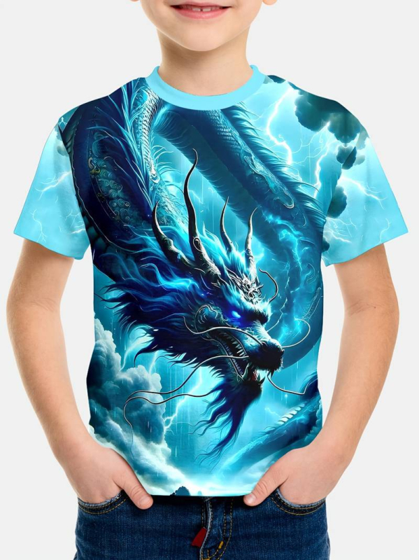 Gyerekeknek Dragon sorozat 3D nyomtatású póló – rövid ujjú, nyár, poliészter, légáteresztő