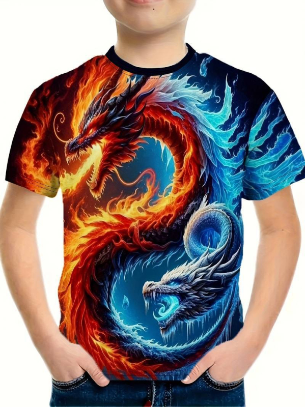 Gyerekeknek Dragon sorozat 3D nyomtatású póló – rövid ujjú, nyár, poliészter, légáteresztő