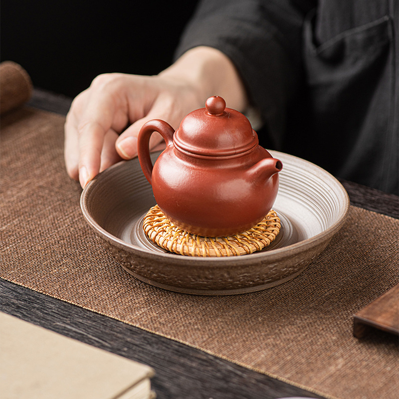 Suport de ceai din ceramică brută, împletit din ratan, tavă pentru ceainic din lut Yixing, pernă de uscare și pernă izolatoare – accesorii de ceai retro
