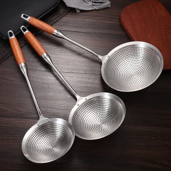 Lingură strecurătoare fină din oțel inoxidabil, cu mâner din lemn, pentru tăiței, găluște și gătit la hot pot