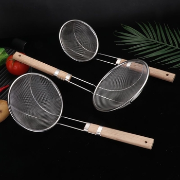 Colander din oțel inox cu mâner din lemn, protecție împotriva arsurilor, capacitate mare, pentru paste și prăjit, sită cu mâner lung