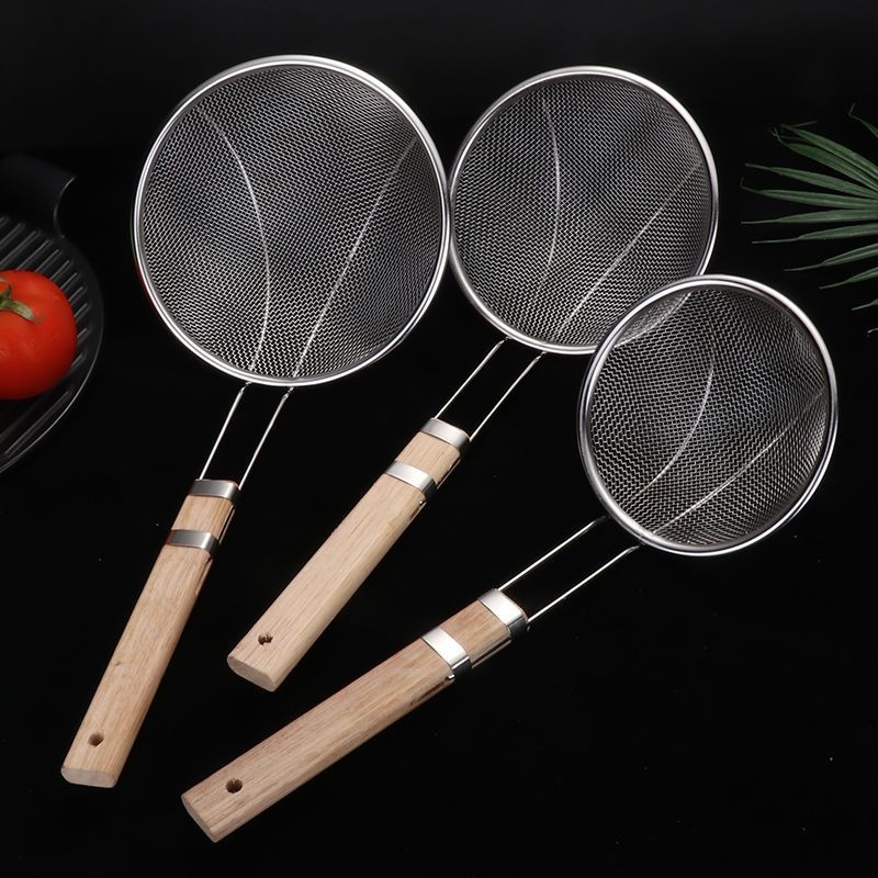 Colander din oțel inox cu mâner din lemn, protecție împotriva arsurilor, capacitate mare, pentru paste și prăjit, sită cu mâner lung
