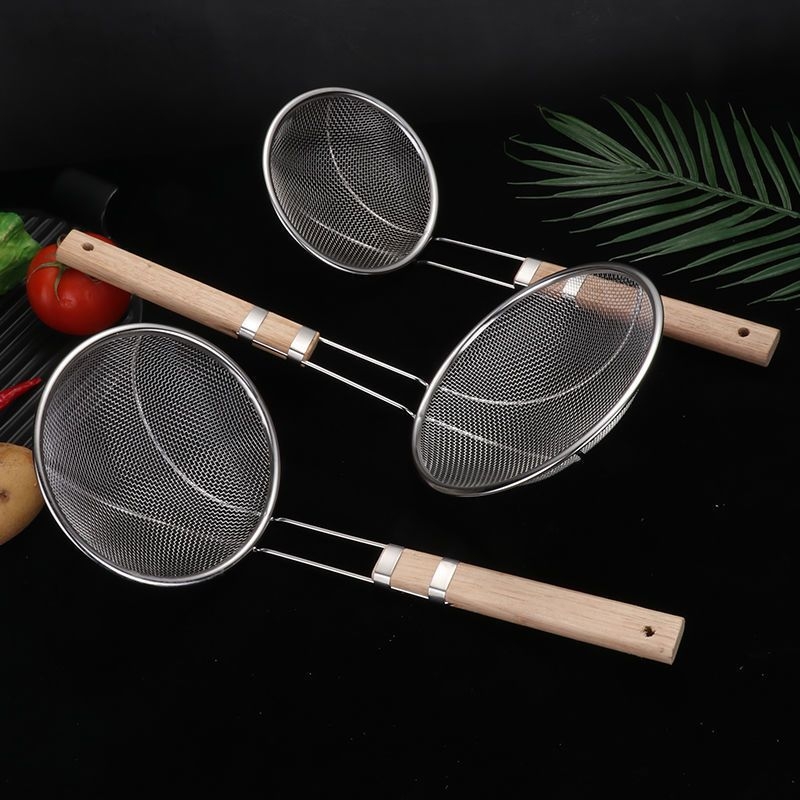 Colander din oțel inox cu mâner din lemn, protecție împotriva arsurilor, capacitate mare, pentru paste și prăjit, sită cu mâner lung