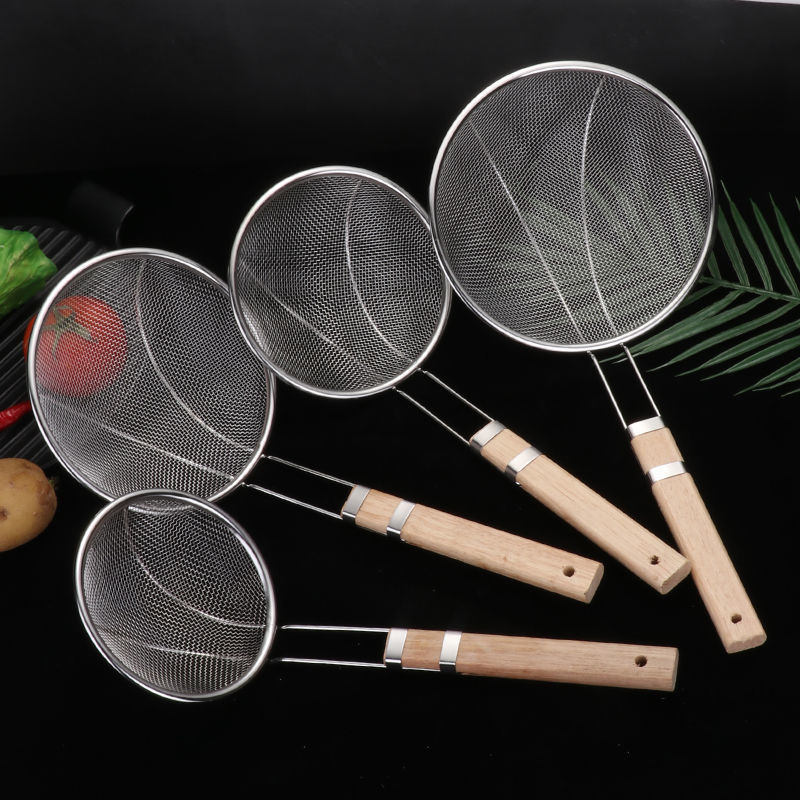 Colander din oțel inox cu mâner din lemn, protecție împotriva arsurilor, capacitate mare, pentru paste și prăjit, sită cu mâner lung