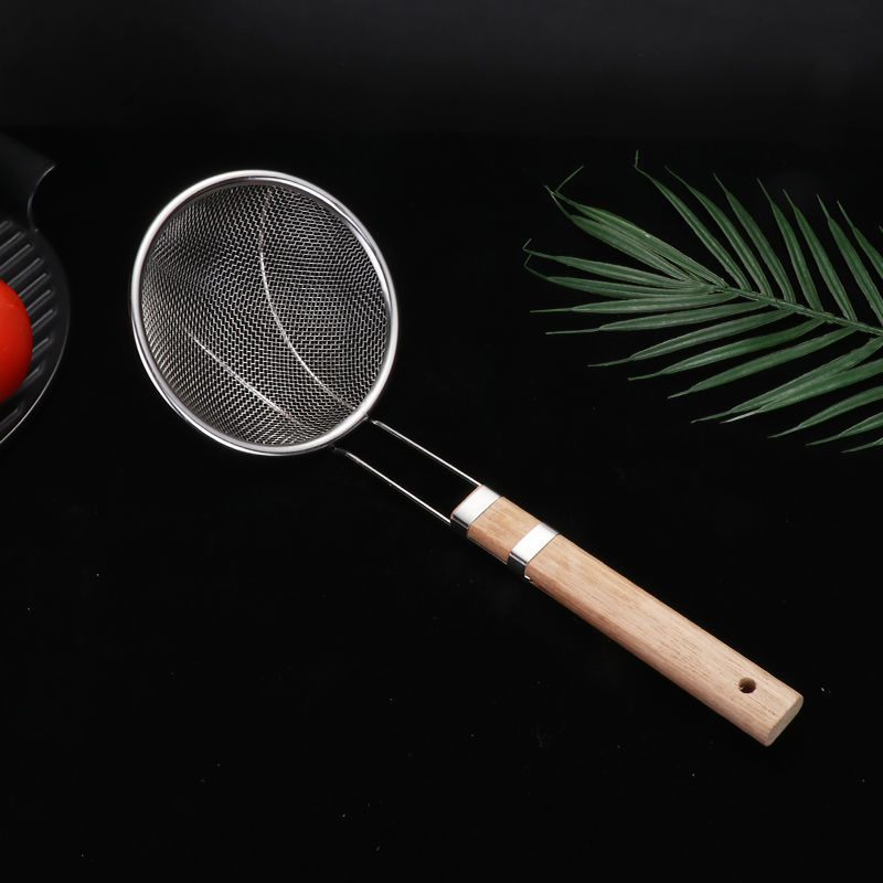 Colander din oțel inox cu mâner din lemn, protecție împotriva arsurilor, capacitate mare, pentru paste și prăjit, sită cu mâner lung