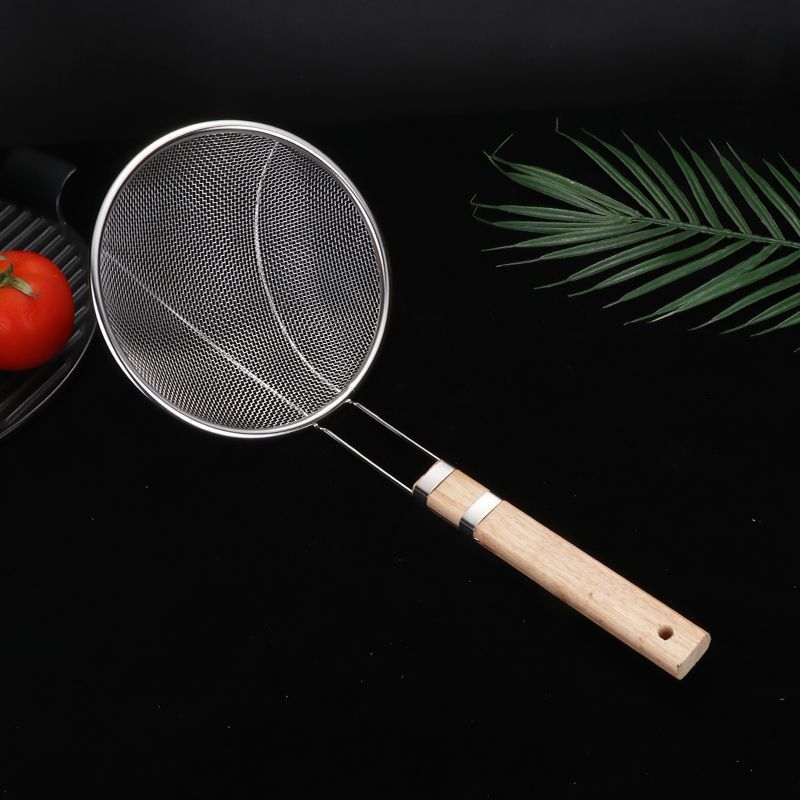 Colander din oțel inox cu mâner din lemn, protecție împotriva arsurilor, capacitate mare, pentru paste și prăjit, sită cu mâner lung
