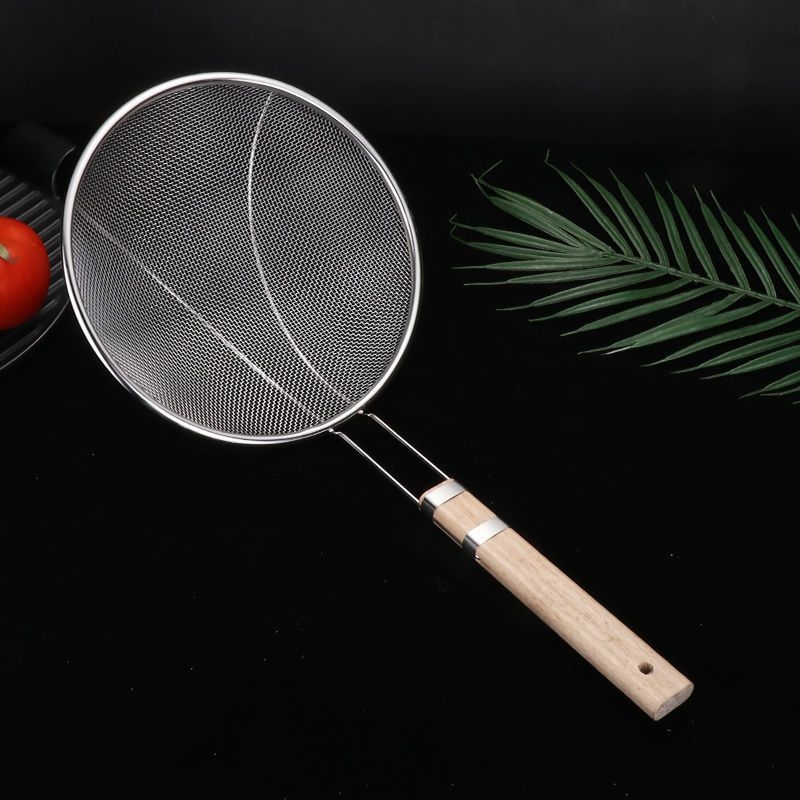 Colander din oțel inox cu mâner din lemn, protecție împotriva arsurilor, capacitate mare, pentru paste și prăjit, sită cu mâner lung