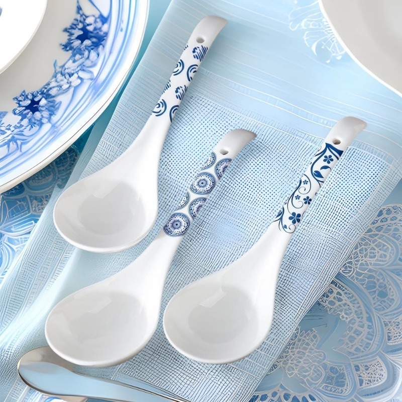 Lingură mare de supă din ceramică, albastru‑alb, cu model floral, stil retro.