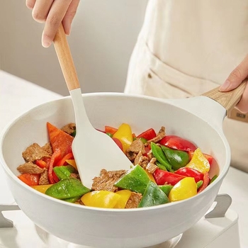 Set din silicon cu mâner din lemn: spatulă, lingură de supă și lingură cu găuri, rezistente la temperaturi înalte, antiaderent