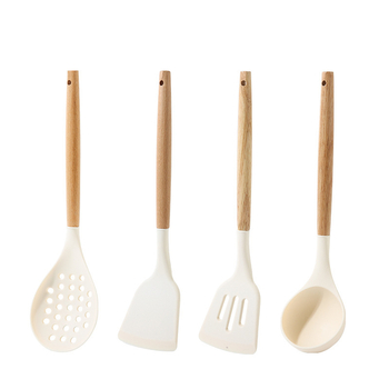 Set din silicon cu mâner din lemn: spatulă, lingură de supă și lingură cu găuri, rezistente la temperaturi înalte, antiaderent