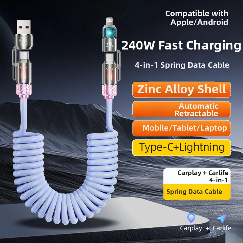 240W štyri v jednom autový dátový kábel s USB-C a Lightning — ultra rýchle nabíjanie, aromaterapia, dĺžka 1–2 m