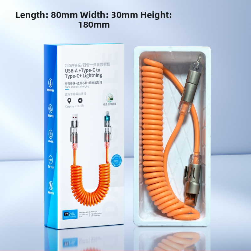 240W štyri v jednom autový dátový kábel s USB-C a Lightning — ultra rýchle nabíjanie, aromaterapia, dĺžka 1–2 m