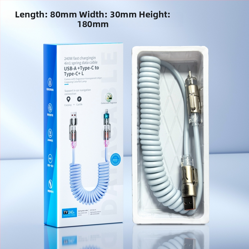 240W štyri v jednom autový dátový kábel s USB-C a Lightning — ultra rýchle nabíjanie, aromaterapia, dĺžka 1–2 m