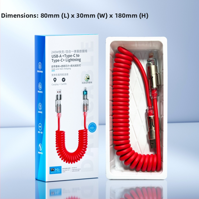 240W štyri v jednom autový dátový kábel s USB-C a Lightning — ultra rýchle nabíjanie, aromaterapia, dĺžka 1–2 m