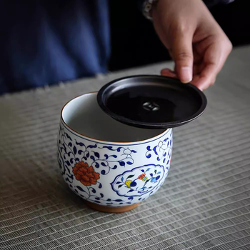 Vas de spălat ceai albastru-în alb Jianshui cu capac, mic, ceramică în stil antic, borcan pentru reziduuri de ceai, accesorii Kung Fu ceai