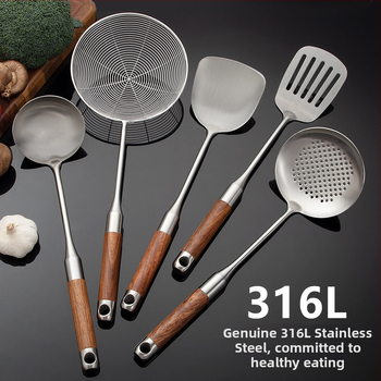 Set de ustensile de bucătărie din oțel inoxidabil 316L, cu mânere din lemn de trandafir: spatulă, lingură cu găuri, lingură și lingură de prăjit