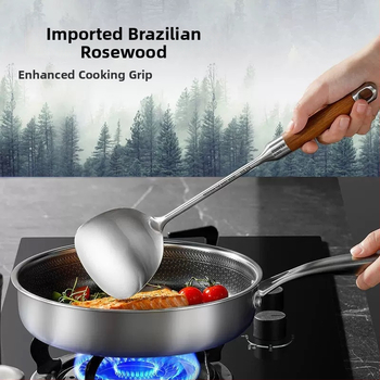 Set de ustensile de bucătărie din oțel inoxidabil 316L, cu mânere din lemn de trandafir: spatulă, lingură cu găuri, lingură și lingură de prăjit