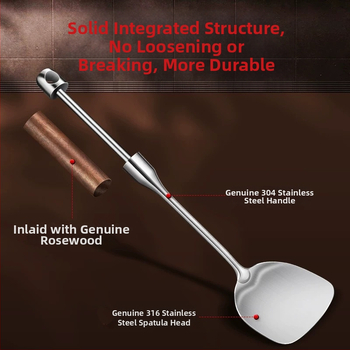 Set de ustensile de bucătărie din oțel inoxidabil 316L, cu mânere din lemn de trandafir: spatulă, lingură cu găuri, lingură și lingură de prăjit