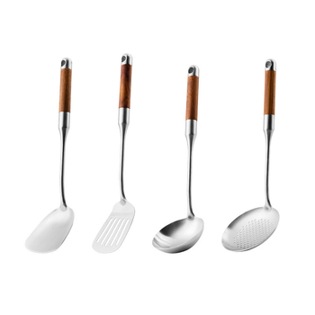 Set de ustensile de bucătărie din oțel inoxidabil 316L, cu mânere din lemn de trandafir: spatulă, lingură cu găuri, lingură și lingură de prăjit