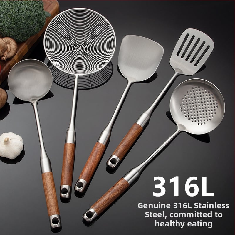 Set de ustensile de bucătărie din oțel inoxidabil 316L, cu mânere din lemn de trandafir: spatulă, lingură cu găuri, lingură și lingură de prăjit