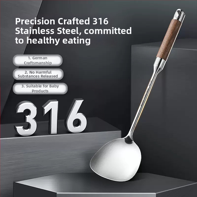Set de ustensile de bucătărie din oțel inoxidabil 316L, cu mânere din lemn de trandafir: spatulă, lingură cu găuri, lingură și lingură de prăjit