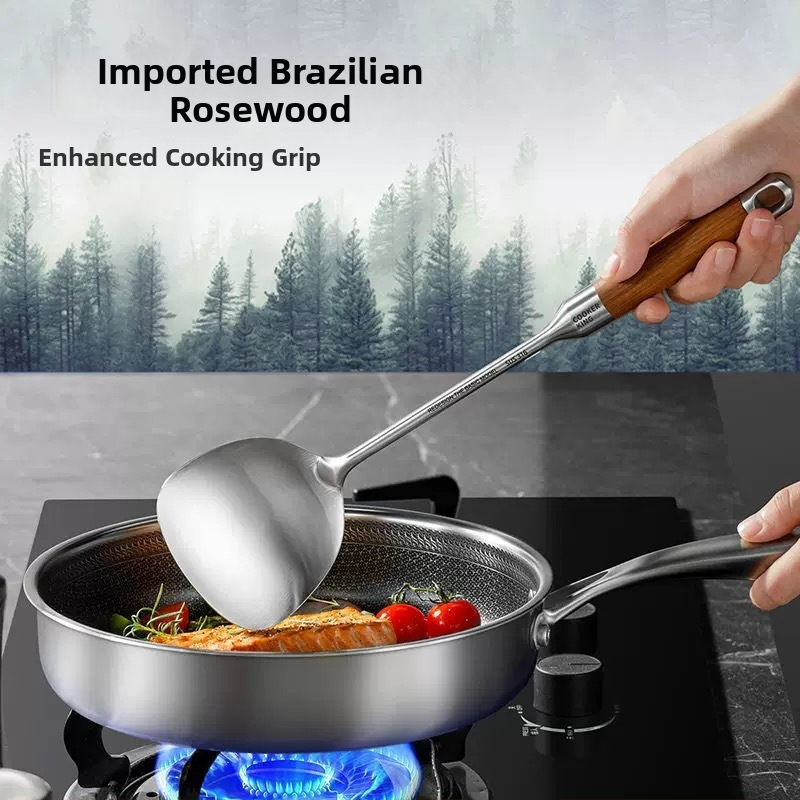 Set de ustensile de bucătărie din oțel inoxidabil 316L, cu mânere din lemn de trandafir: spatulă, lingură cu găuri, lingură și lingură de prăjit