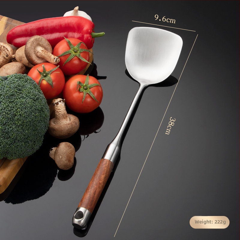 Set de ustensile de bucătărie din oțel inoxidabil 316L, cu mânere din lemn de trandafir: spatulă, lingură cu găuri, lingură și lingură de prăjit