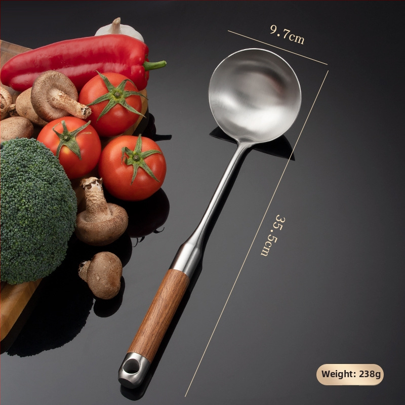 Set de ustensile de bucătărie din oțel inoxidabil 316L, cu mânere din lemn de trandafir: spatulă, lingură cu găuri, lingură și lingură de prăjit