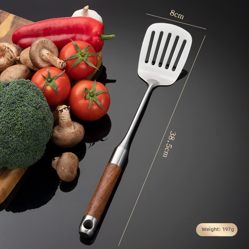 Set de ustensile de bucătărie din oțel inoxidabil 316L, cu mânere din lemn de trandafir: spatulă, lingură cu găuri, lingură și lingură de prăjit