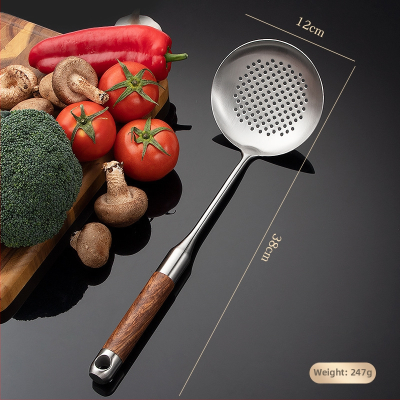 Set de ustensile de bucătărie din oțel inoxidabil 316L, cu mânere din lemn de trandafir: spatulă, lingură cu găuri, lingură și lingură de prăjit