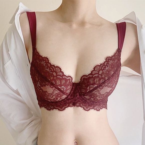 Francuski stil čipkasti set grudnjaka s ultra tankim prozirnim košaricama za podizanje, anti-sag učinak, seksi dizajn, vizualno manje dekolte