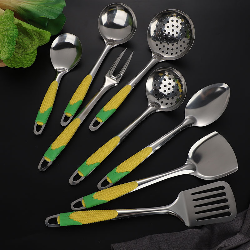 Set de ustensile din oțel inoxidabil pentru bucătărie: spatulă, lingură de supă, lingură de gătit, lingură strecurătoare, furculiță pentru carne, lingură pentru legume, lingură de orez