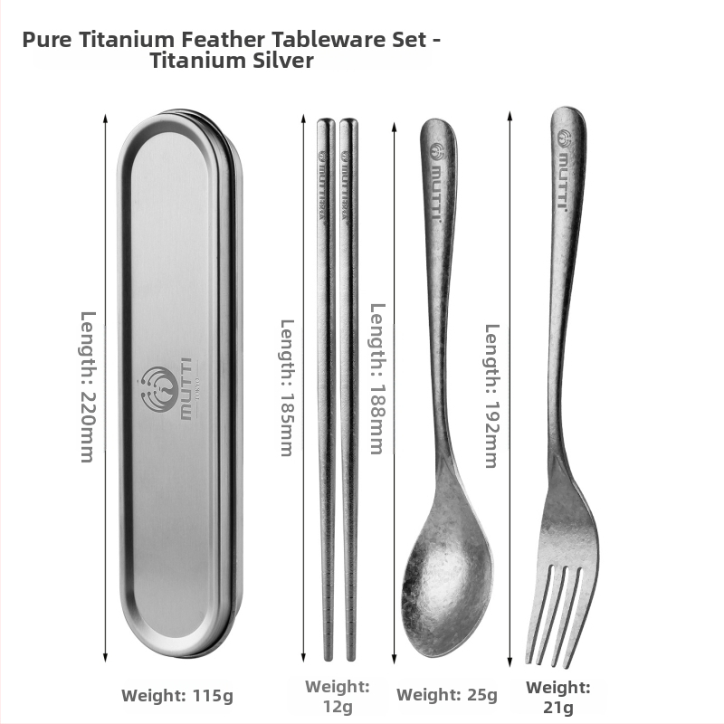 Set tacâmuri din titan pur, cu lingură, bețișoare și furculiță, cutie de depozitare, antibacterian
