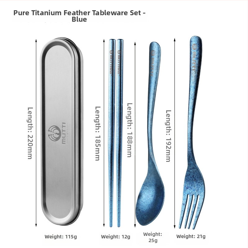 Set tacâmuri din titan pur, cu lingură, bețișoare și furculiță, cutie de depozitare, antibacterian