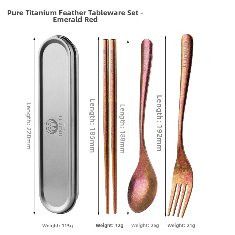 Set tacâmuri din titan pur, cu lingură, bețișoare și furculiță, cutie de depozitare, antibacterian