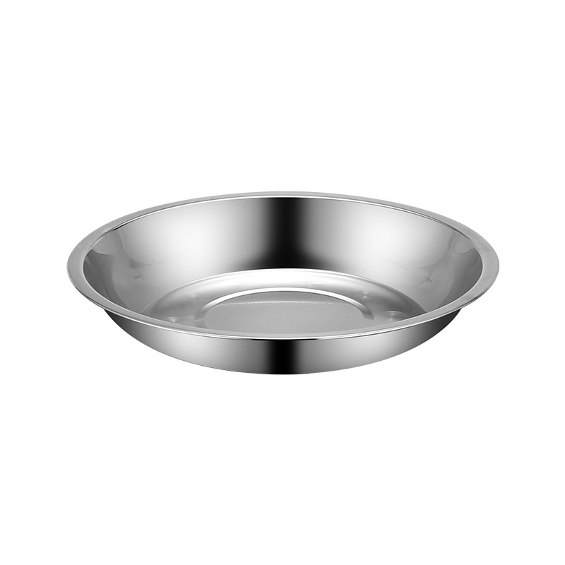Farfurii din oțel inoxidabil pentru masă, variante plate și adânci, în trei dimensiuni: 16–17 cm, 18–19 cm, 24–25 cm.
