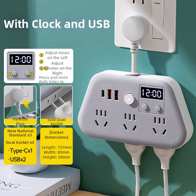 Jiatong Uredsko produžno priključak s digitalnim zaslonom i USB-om, Novi nacionalni standard, 10A, 220-250V, kabel, zaštita od preopterećenja