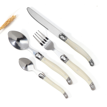 Tacâmuri din oțel inoxidabil cu mânere crem, design franuzesc curbat, cuțit pentru steak, furculiță pentru paste și lingură de desert (set de 3/4/6 piese), stil nordic minimalist