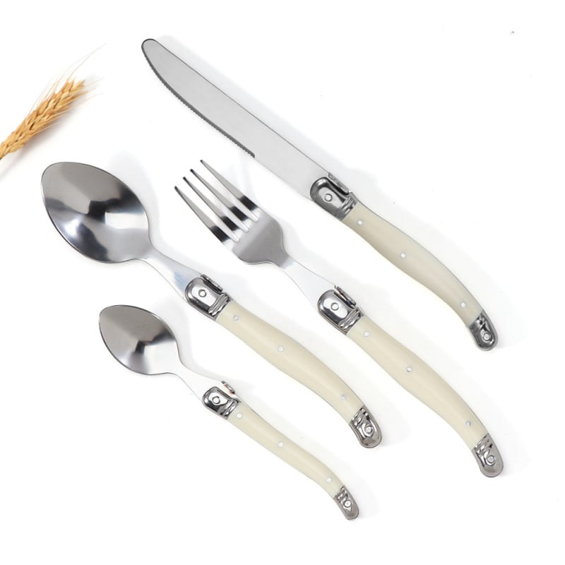 Tacâmuri din oțel inoxidabil cu mânere crem, design franuzesc curbat, cuțit pentru steak, furculiță pentru paste și lingură de desert (set de 3/4/6 piese), stil nordic minimalist