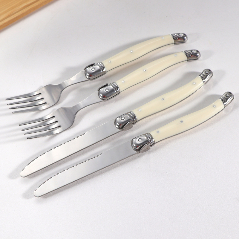 Tacâmuri din oțel inoxidabil cu mânere crem, design franuzesc curbat, cuțit pentru steak, furculiță pentru paste și lingură de desert (set de 3/4/6 piese), stil nordic minimalist