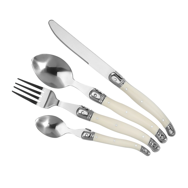 Tacâmuri din oțel inoxidabil cu mânere crem, design franuzesc curbat, cuțit pentru steak, furculiță pentru paste și lingură de desert (set de 3/4/6 piese), stil nordic minimalist