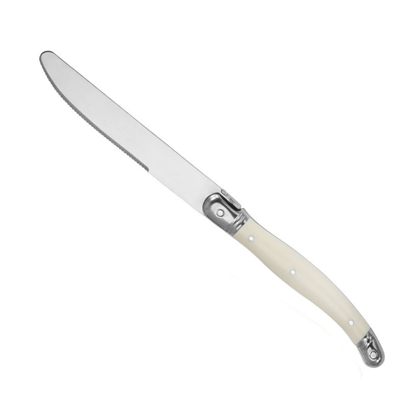 Tacâmuri din oțel inoxidabil cu mânere crem, design franuzesc curbat, cuțit pentru steak, furculiță pentru paste și lingură de desert (set de 3/4/6 piese), stil nordic minimalist