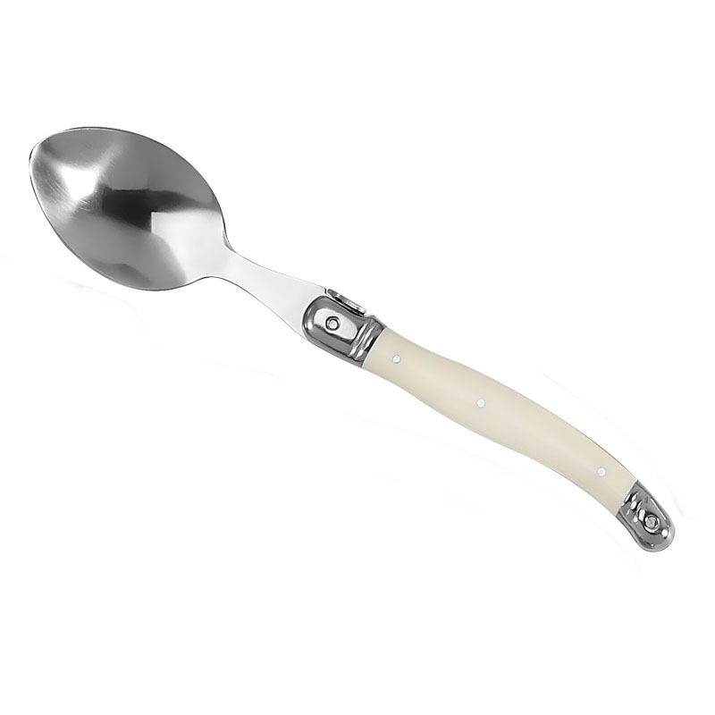 Tacâmuri din oțel inoxidabil cu mânere crem, design franuzesc curbat, cuțit pentru steak, furculiță pentru paste și lingură de desert (set de 3/4/6 piese), stil nordic minimalist
