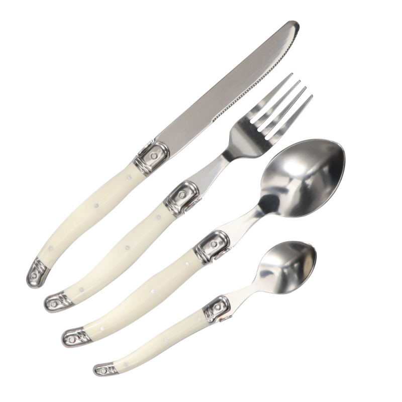 Tacâmuri din oțel inoxidabil cu mânere crem, design franuzesc curbat, cuțit pentru steak, furculiță pentru paste și lingură de desert (set de 3/4/6 piese), stil nordic minimalist