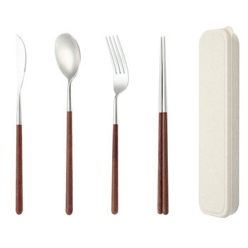 Set de tacâmuri din oțel inoxidabil, portabil, cu mâner din lemn, în stil japonez-coreean – cuțit pentru steak, furculiță, lingură și bețișoare