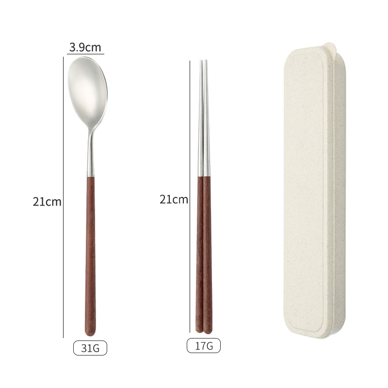 Set de tacâmuri din oțel inoxidabil, portabil, cu mâner din lemn, în stil japonez-coreean – cuțit pentru steak, furculiță, lingură și bețișoare