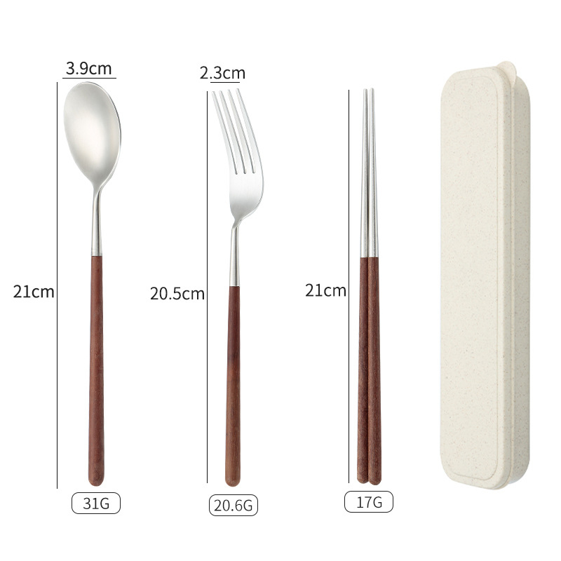 Set de tacâmuri din oțel inoxidabil, portabil, cu mâner din lemn, în stil japonez-coreean – cuțit pentru steak, furculiță, lingură și bețișoare