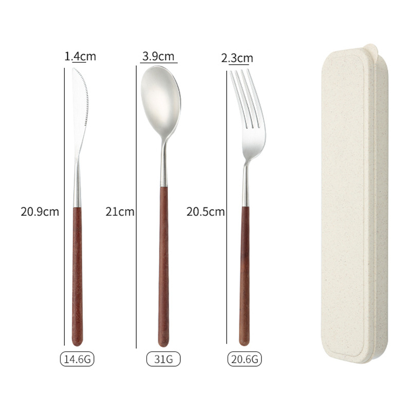 Set de tacâmuri din oțel inoxidabil, portabil, cu mâner din lemn, în stil japonez-coreean – cuțit pentru steak, furculiță, lingură și bețișoare