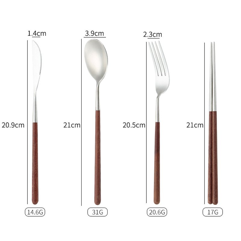 Set de tacâmuri din oțel inoxidabil, portabil, cu mâner din lemn, în stil japonez-coreean – cuțit pentru steak, furculiță, lingură și bețișoare